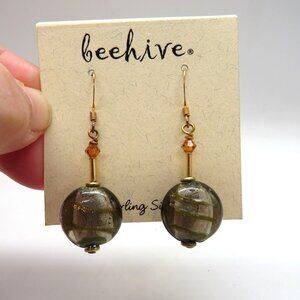 Beehive Earrings Sterling Silver Gray Metallic Glass Beads Amber‎ Crystal New